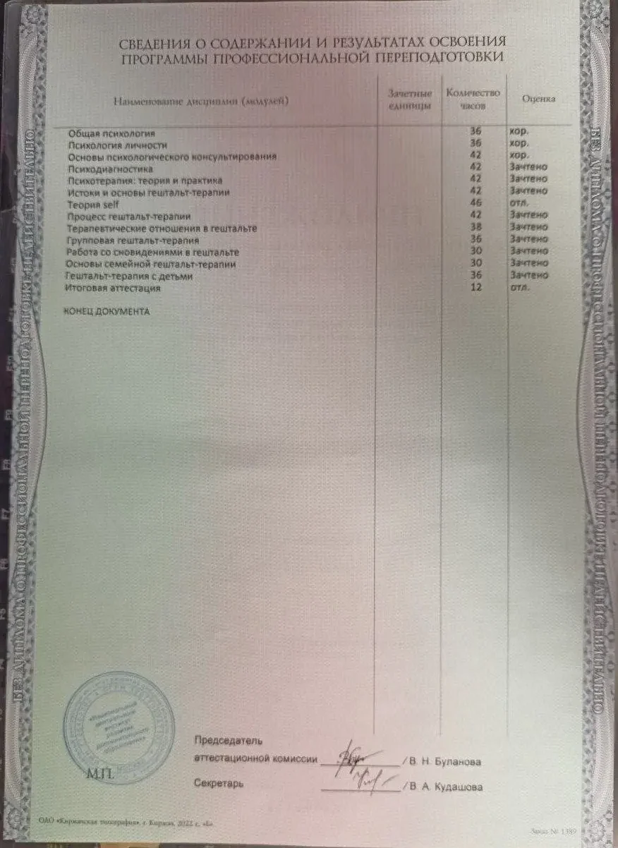 Результаты переподготовки психолог специалист